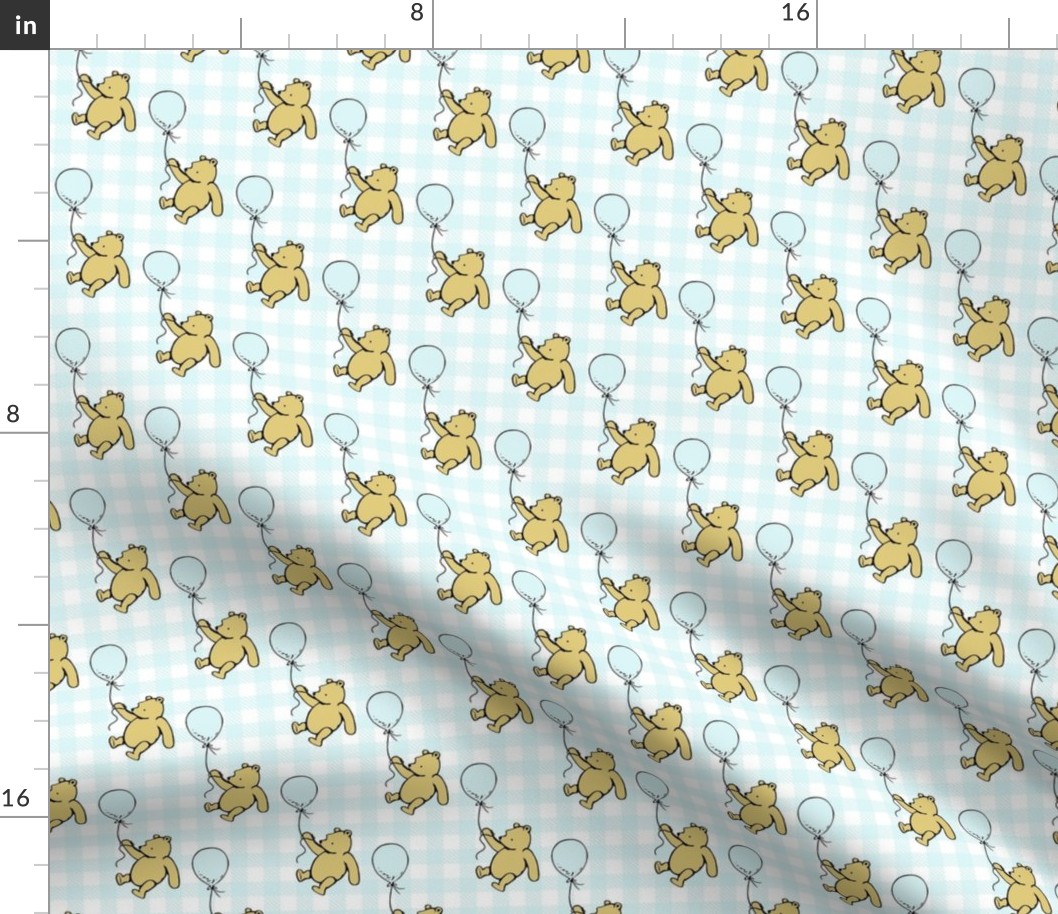 Smaller Scale Classic Pooh and Balloons on Pale Blue Gingham Checker