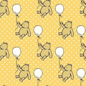 Bigger Scale Classic Pooh with Antique White Balloons on Yellow Gold Polkadots