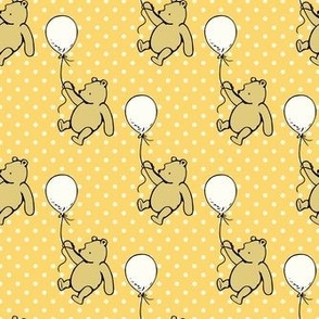 Smaller Scale Classic Pooh with Antique White Balloons on Yellow Gold Polkadots