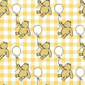 Bigger Scale Classic Pooh with Antique White Balloons on Yellow Gold Gingham Checker