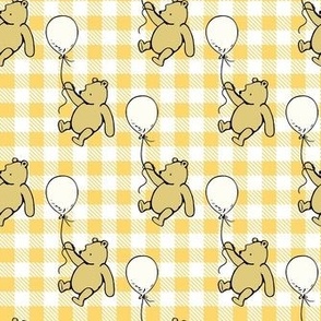 Smaller Scale Classic Pooh with Antique White Balloons on Yellow Gold Gingham Checker