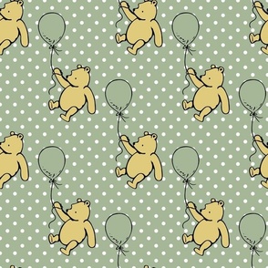 Bigger Scale Classic Pooh and Balloons on Sage Green Polkadots
