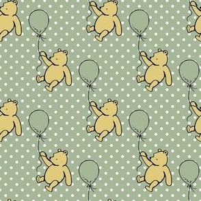 Smaller Scale Classic Pooh and Balloons on Sage Green Polkadots