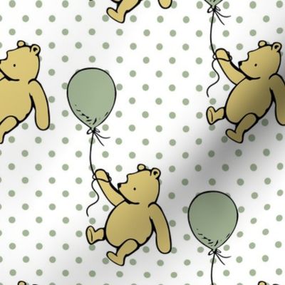 Bigger Scale Classic Pooh and Balloons on Sage Green Polkadots