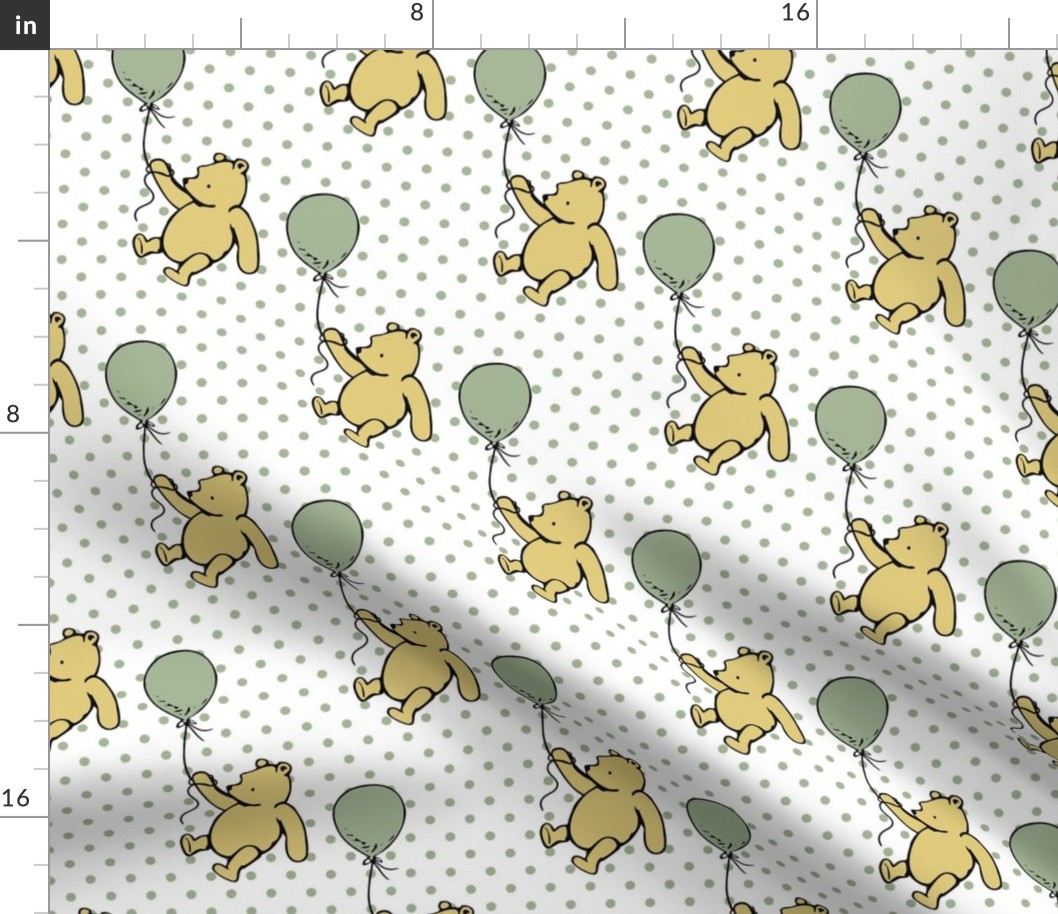 Bigger Scale Classic Pooh and Balloons on Sage Green Polkadots