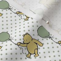 Smaller Scale Classic Pooh and Balloons on Sage Green Polkadots