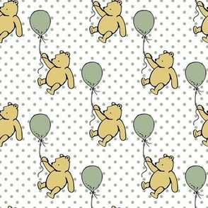 Smaller Scale Classic Pooh and Balloons on Sage Green Polkadots