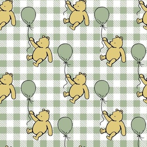 Bigger Scale Classic Pooh and Balloons on Sage Green Gingham Checker