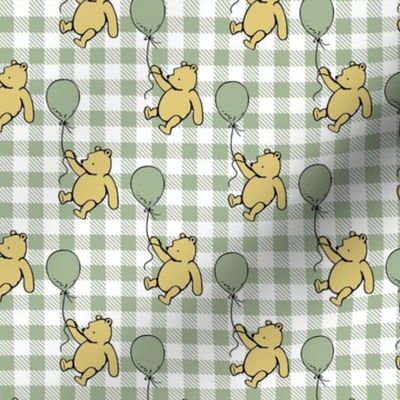 Smaller Scale Classic Pooh and Balloons on Sage Green Gingham Checker