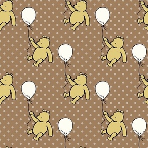 Bigger Scale Classic Pooh and Antique White Balloons on Tan Polkadots