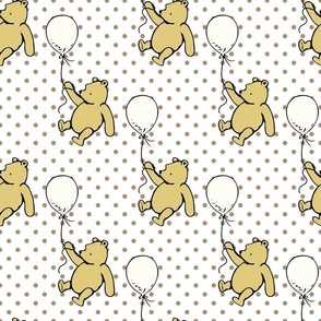 Bigger Scale Classic Pooh and Antique White Balloons on Tan Polkadots