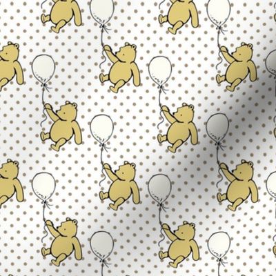 Smaller Scale Classic Pooh and Antique White Balloons on Tan Polkadots