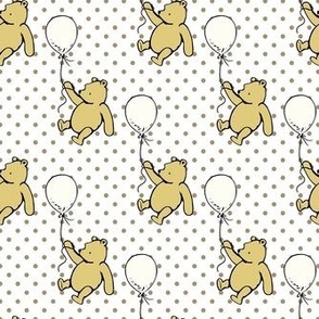 Smaller Scale Classic Pooh and Antique White Balloons on Tan Polkadots