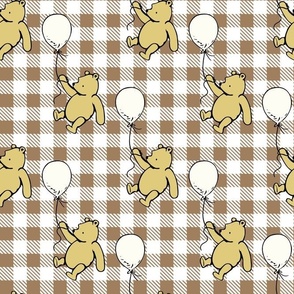 Bigger Scale Classic Pooh and Antique White Balloons on Tan Gingham Checker