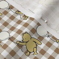 Smaller Scale Classic Pooh and Antique White Balloons on Tan Gingham Checker