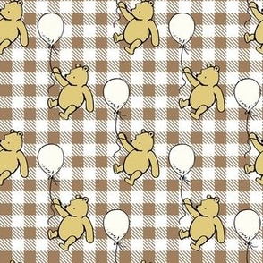 Smaller Scale Classic Pooh and Antique White Balloons on Tan Gingham Checker