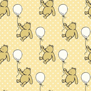 Bigger Scale Classic Pooh and Antique White Balloons on Soft Golden Yellow Polkadots