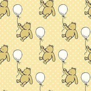 Smaller Scale Classic Pooh and Antique White Balloons on Soft Golden Yellow Polkadots