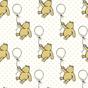 Bigger Scale Classic Pooh and Antique White Balloons on Soft Golden Yellow Polkadots