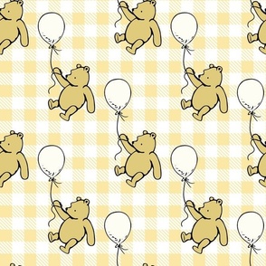 Bigger Scale Classic Pooh and Antique White Balloons on Soft Golden Yellow Gingham Checker