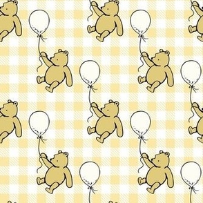 Smaller Scale Classic Pooh and Antique White Balloons on Soft Golden Yellow Gingham Checker