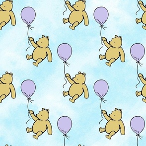 Bigger Scale Classic Pooh and Lavender Soft Purple Balloons on Blue Skies