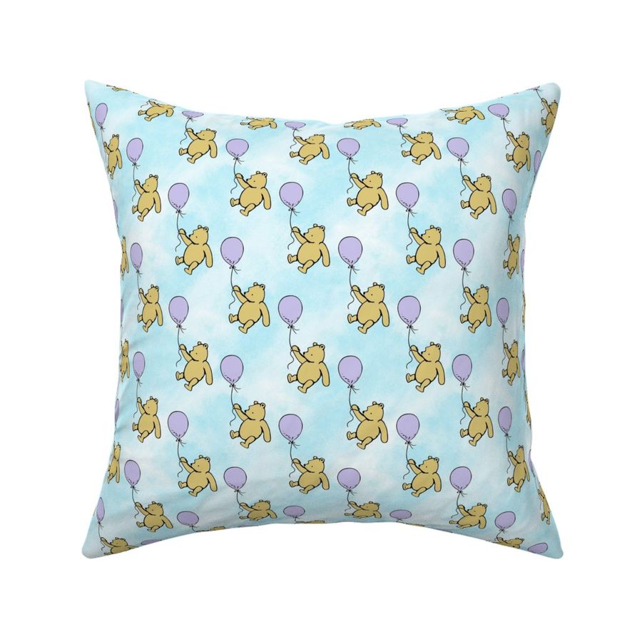 Smaller Scale Classic Pooh and Lavender Soft Purple Balloons on Blue Skies