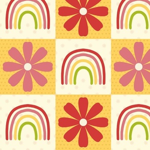 Red and Pink Flower and Rainbow Cheater Quilt