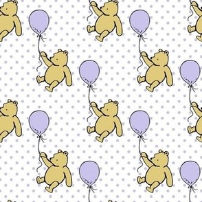 Smaller Scale Classic Pooh and Balloons on Lavender Pale Purple Polkadots
