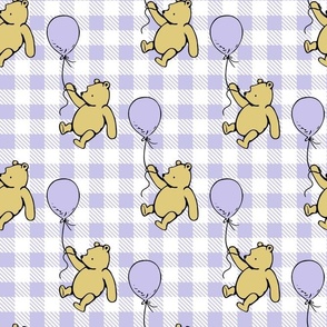 Bigger Scale Classic Pooh and Balloons on Lavender Pale Purple Gingham Checker