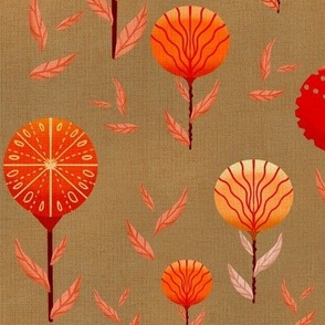 Whimsical seed head flowers with canvas texture directional 12”  repeat in red,orange, yellow on khaki