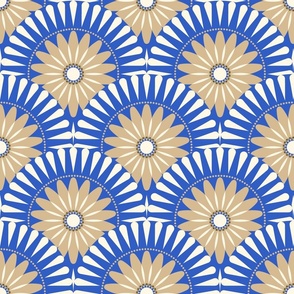 Large scale • Sunrise retro flower - blue, white & brown