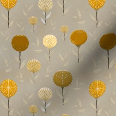 Whimsical seed head flowers with canvas texture directional 6” repeat in neutral hues brown, yellow, off white and grey