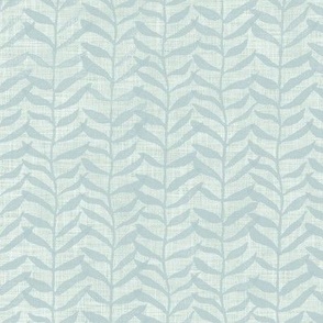 Leafy Block Print in Sea Mist (large scale) | Leaf pattern fabric from original block print, blue green, botanical block print fabric, leaves, fresh plants print in soft turquoise.