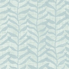 Leafy Block Print in Sea Mist (xl scale) | Leaf pattern fabric from original block print, blue green, botanical block print fabric, leaves, fresh plants print in soft turquoise.