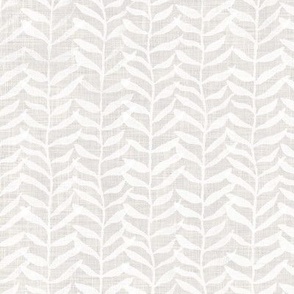 Leafy Block Print in White on Warm Gray (large scale) | Leaf pattern fabric from original block print, neutral decor, botanical block print fabric, leaves, plants print in soft grey.