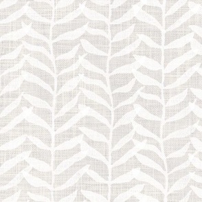 Leafy Block Print in White on Warm Gray (xl scale) | Leaf pattern fabric from original block print, neutral decor, botanical block print fabric, leaves, plants print in soft grey.