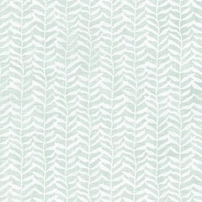 Leafy Block Print in White on Sea Mist | Leaf pattern fabric from original block print, blue green, botanical block print fabric, leaves, fresh plants print in soft turquoise.