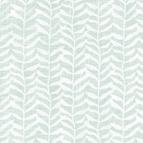 Leafy Block Print in White on Sea Mist (large scale) | Leaf pattern fabric from original block print, blue green, botanical block print fabric, leaves, fresh plants print in soft turquoise.