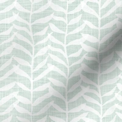 Leafy Block Print in White on Sea Mist (xl scale) | Leaf pattern fabric from original block print, blue green, botanical block print fabric, leaves, fresh plants print in soft turquoise.