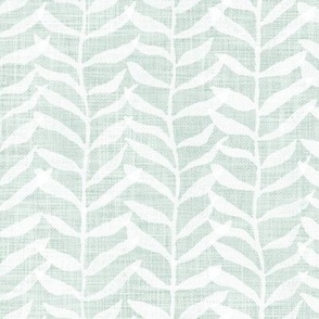 Leafy Block Print in White on Sea Mist (xl scale) | Leaf pattern fabric from original block print, blue green, botanical block print fabric, leaves, fresh plants print in soft turquoise.