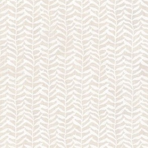 Leafy Block Print in White on Jute | Leaf pattern fabric from original block print, beige neutral decor, botanical block print fabric, leaves, plants print on natural fibres.