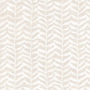 Leafy Block Print in White on Jute (large scale) | Leaf pattern fabric from original block print, beige neutral decor, botanical block print fabric, leaves, plants print on natural fibres.