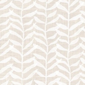 Leafy Block Print in White on Jute (xl scale) | Leaf pattern fabric from original block print, beige neutral decor, botanical block print fabric, leaves, plants print on natural fibres.