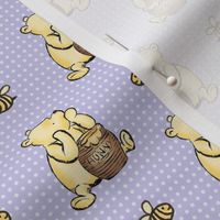 Smaller Scale Classic Pooh Hunny and Bees on Lavender Pale Purple Polkadots