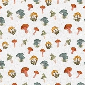 3x3 Cute Mushrooms - Medium Scale Watercolor Mushrooms - White Solid Color Background with Texture