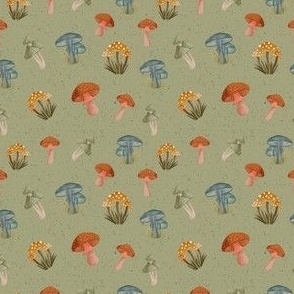 3x3 Cute Mushrooms - Medium Scale Watercolor Mushrooms - Green Textured Background