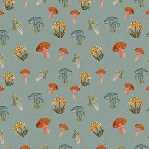 3x3 Cute Mushrooms - Medium Scale Watercolor Mushrooms - Blue Textured Background