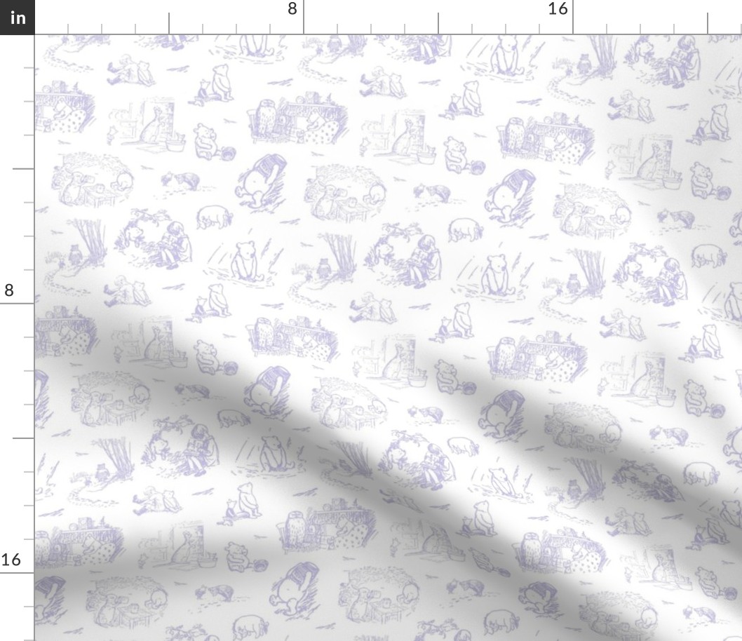 Smaller Scale Classic Pooh Sketch Scenes Lavender Pale Purple Toile on White