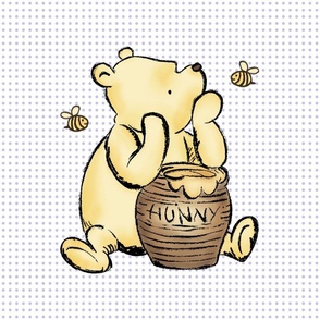 18x18 Panel Classic Pooh and Hunny Pot on Lavender Pale Purple Polkadots for DIY Throw Pillow Cushion Cover or Lovey